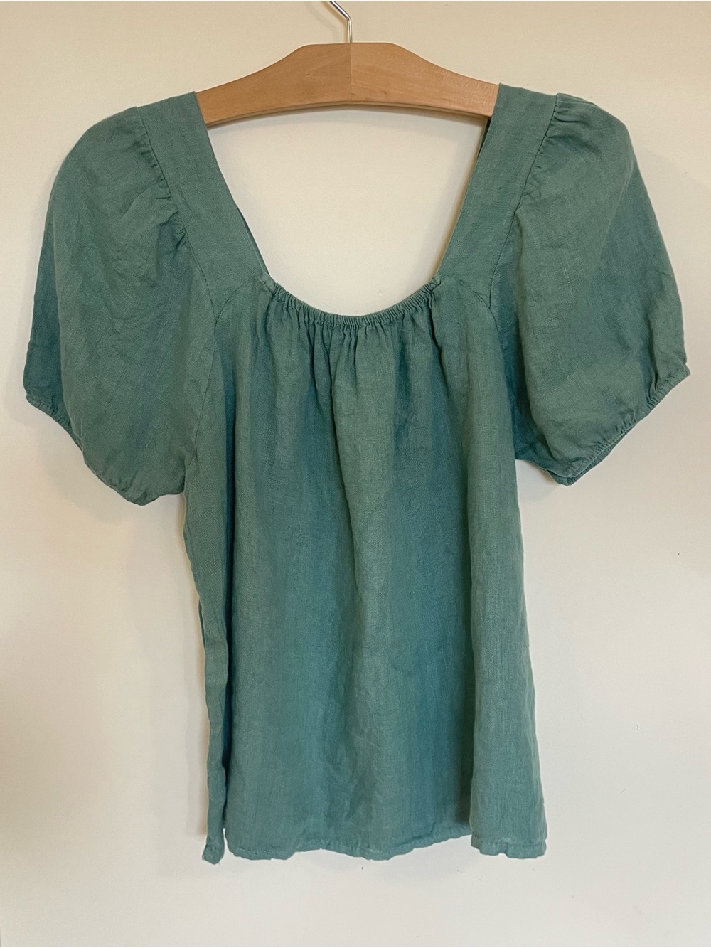 Bellambia Square Neck Puff Sleeve Linen Blouse in Teal - Picture 4 of 6